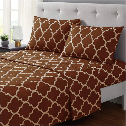 3 PCs Double Bed Sheet-Brown Geometric Bed Sheets Apricot