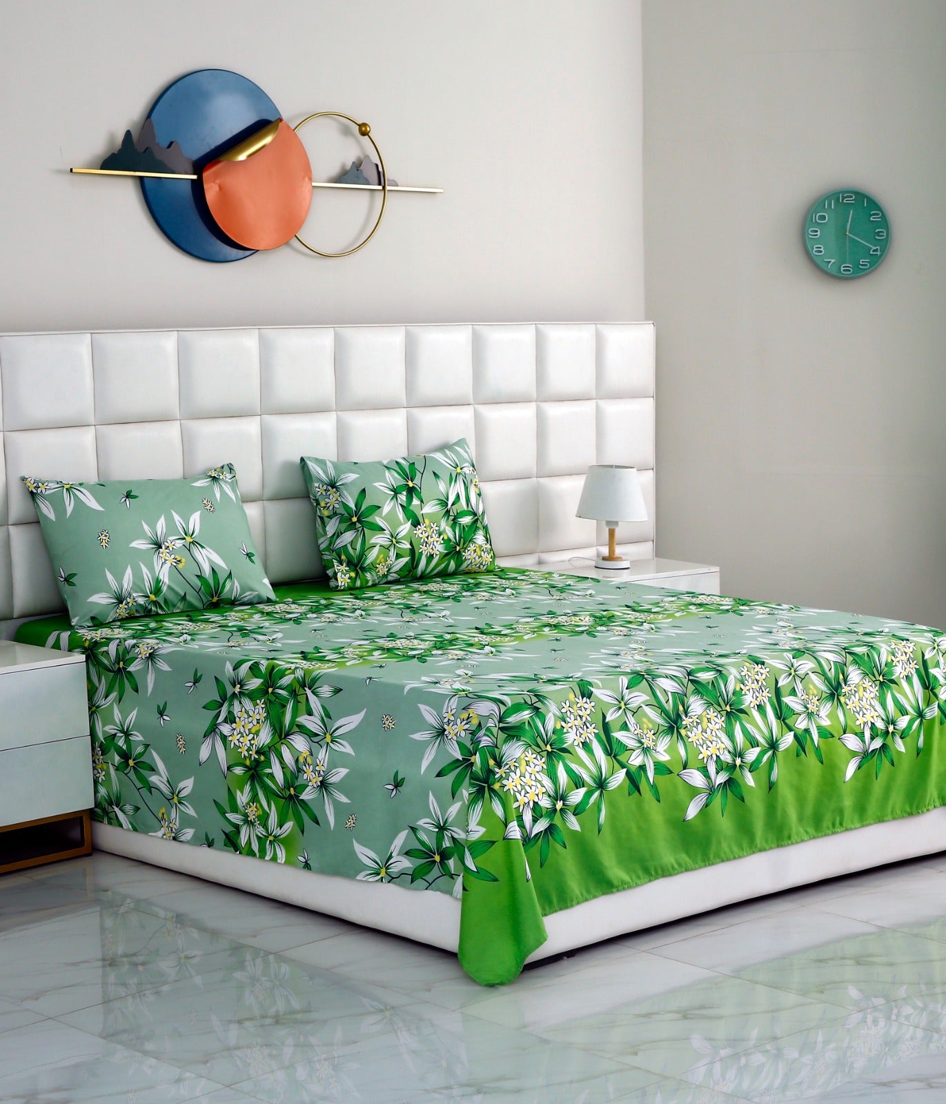 3 PCs Double Bed Sheet -Green Gold Bed Sheets Apricot   