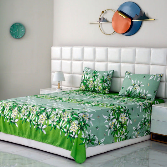 3 PCs Double Bed Sheet -Green Gold Bed Sheets Apricot   