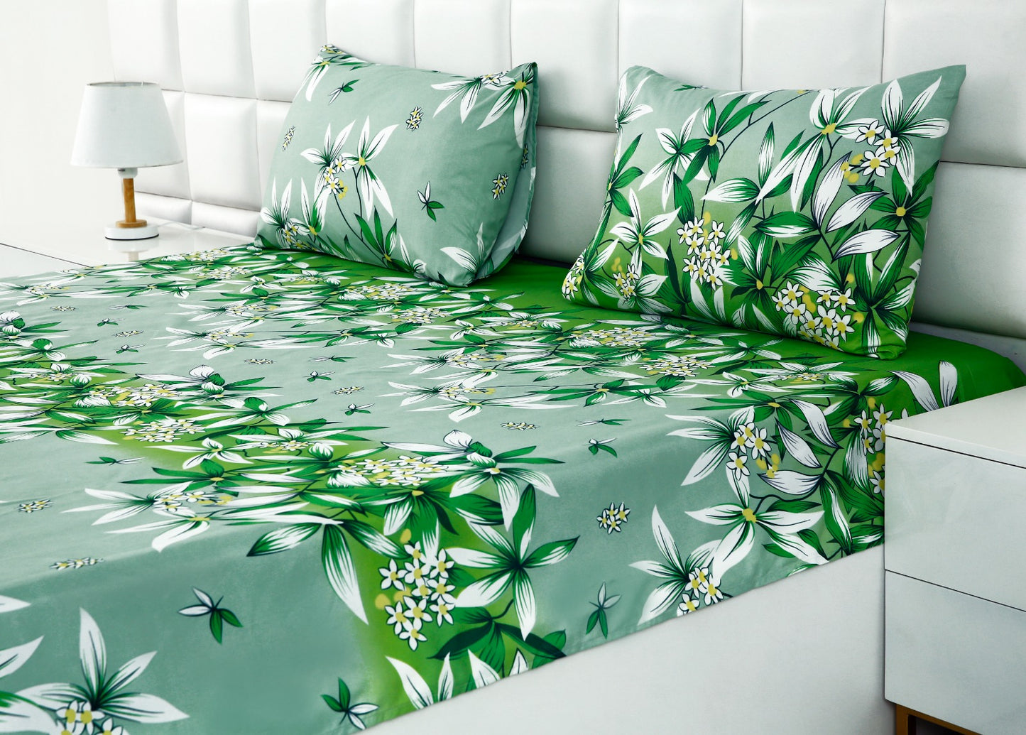 3 PCs Double Bed Sheet -Green Gold Bed Sheets Apricot   