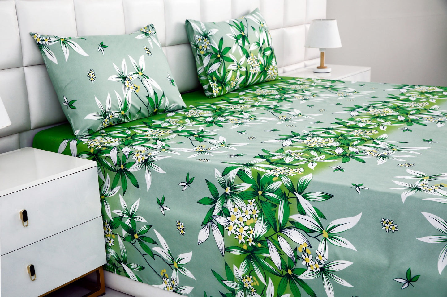 3 PCs Double Bed Sheet -Green Gold Bed Sheets Apricot   