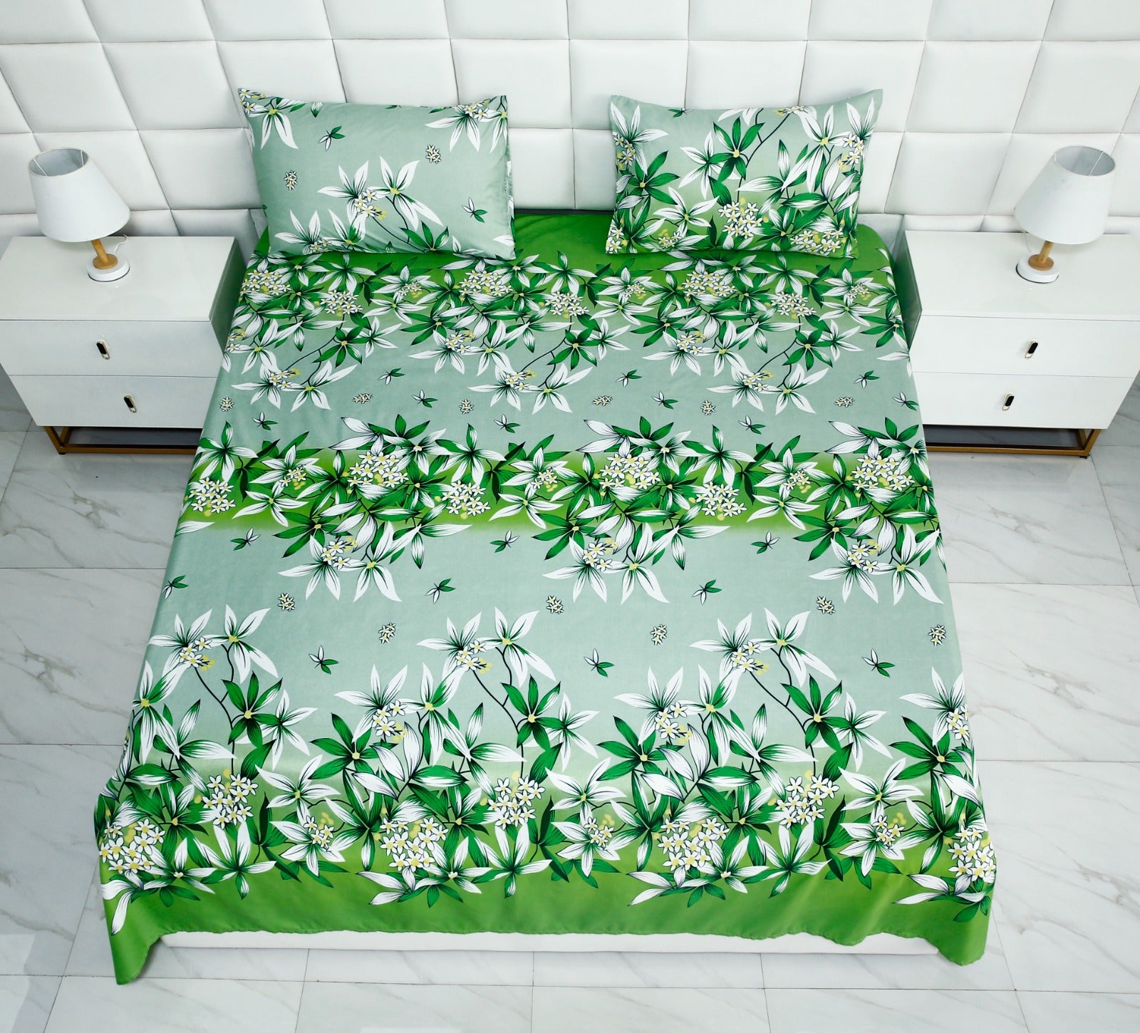 3 PCs Double Bed Sheet -Green Gold Bed Sheets Apricot   