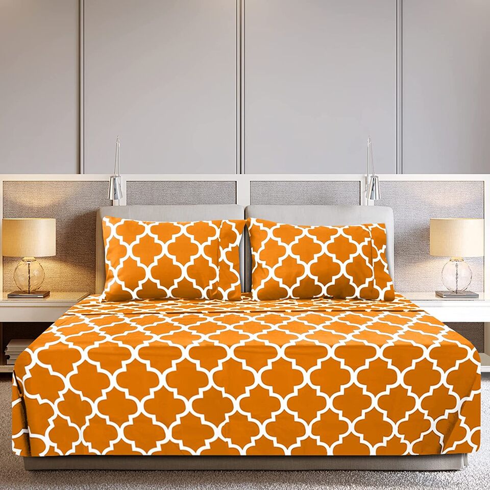 3 PCs Double Bed Sheet -Mustard Geometric Bed Sheets Apricot   