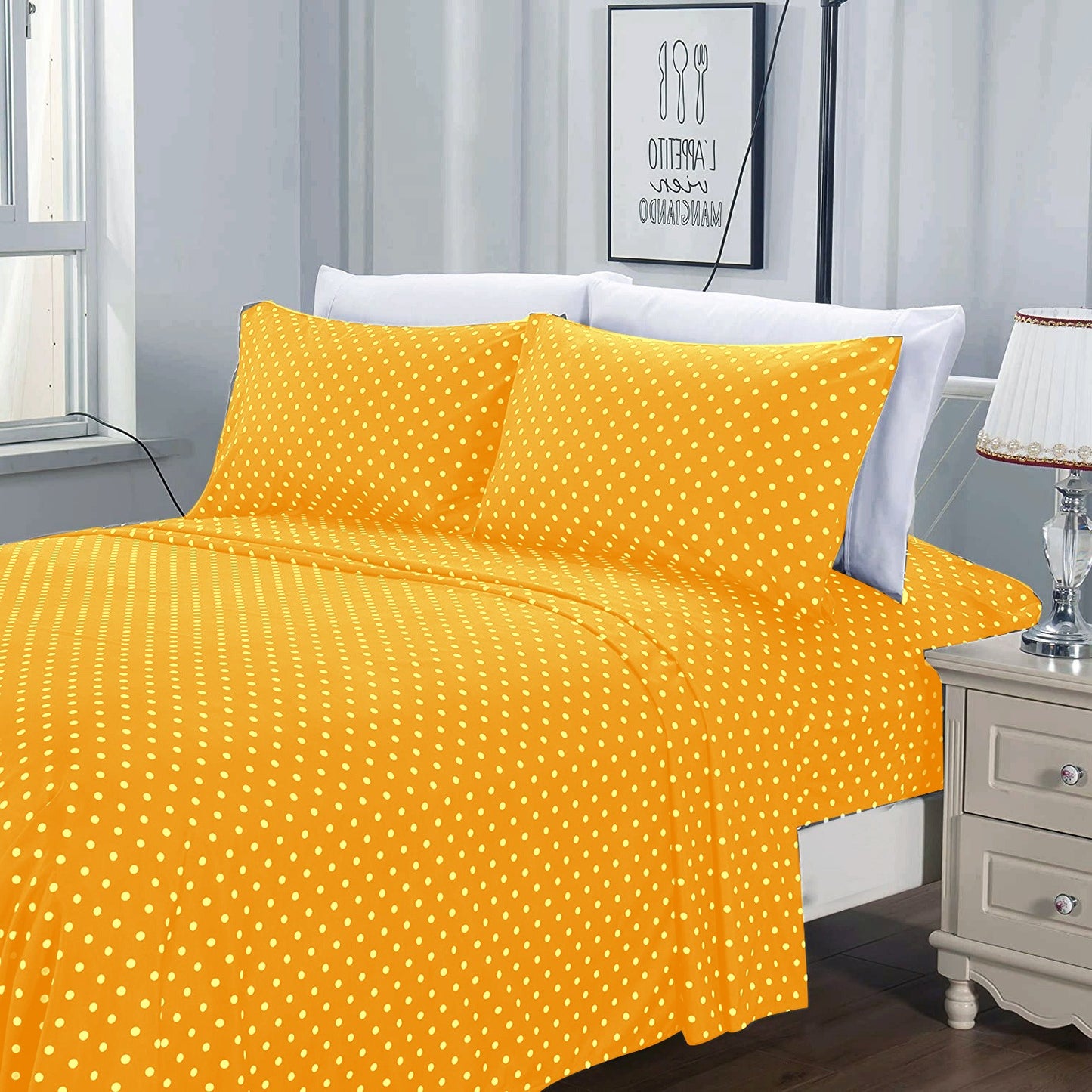 3 PCs Double Bed Sheet -Mustard Polka Bed Sheets Apricot   