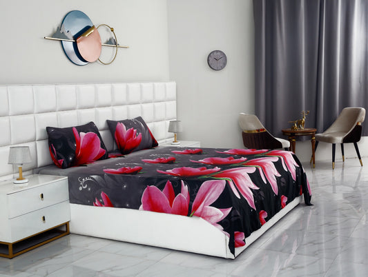 3 PCs Double Bed Sheet -Pink Lotus Bed Sheets Apricot   