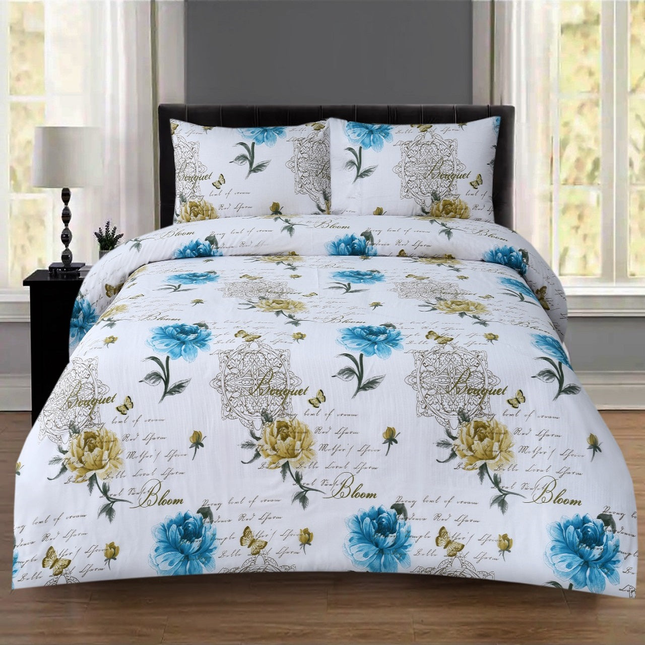 3 PCs Double Bed Sheet -Stem Flower(1127) Bed Sheets Apricot   