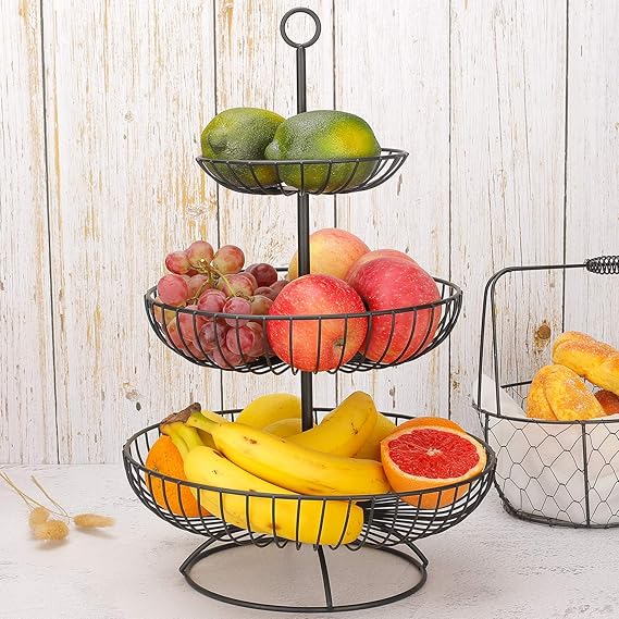 3 Tier Metal Fruit Storage Basket-Black(SA2405-08) Fruit Baskets Apricot   