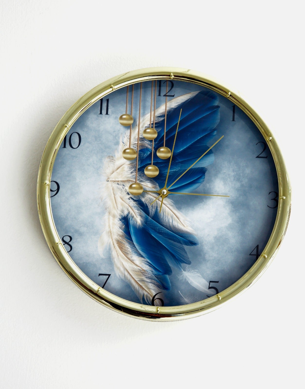 35 Cm Wall Clock-Blue Feathers Clock Apricot   