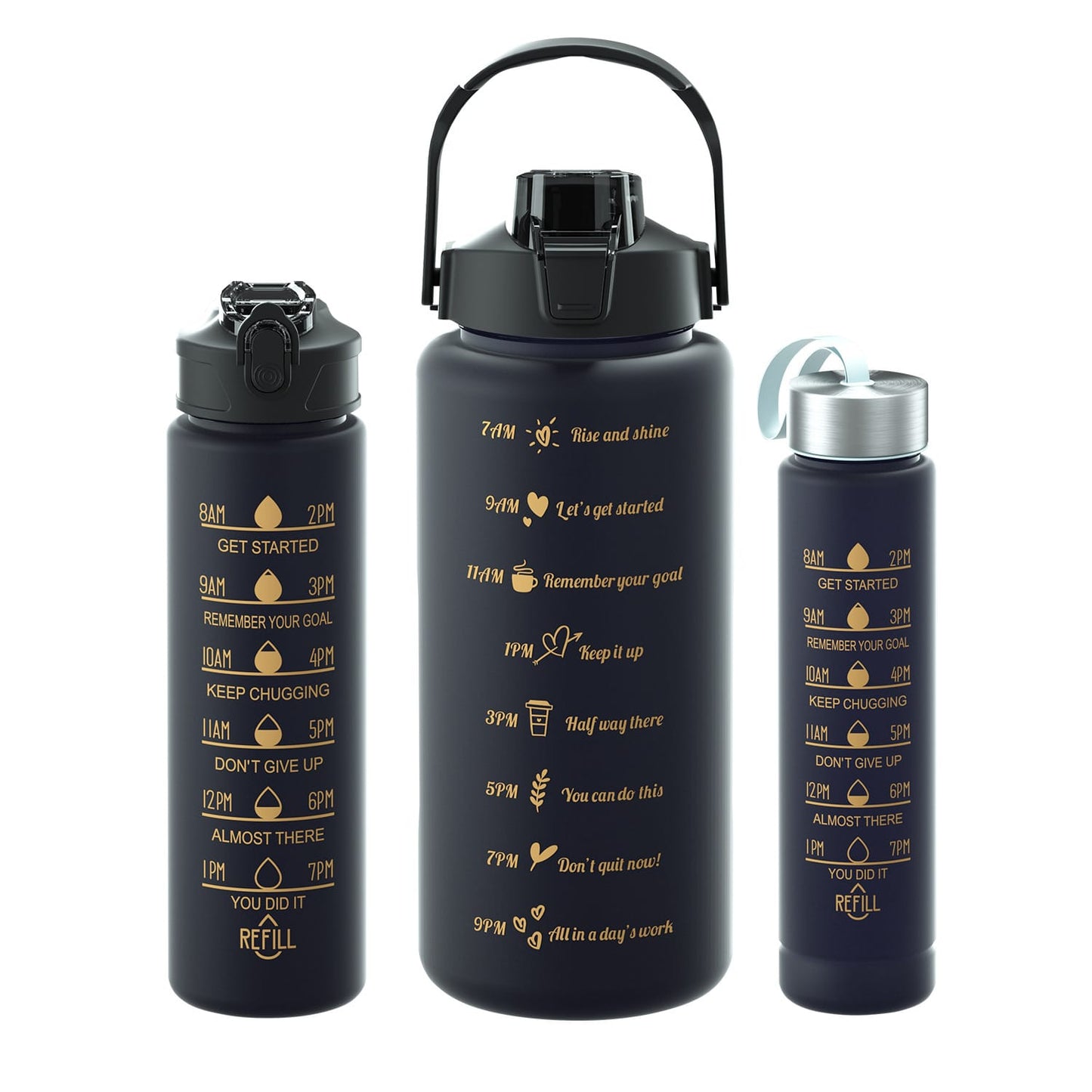 3PCS Water Bottle with Two Straws-5575Black Matte  Apricot   