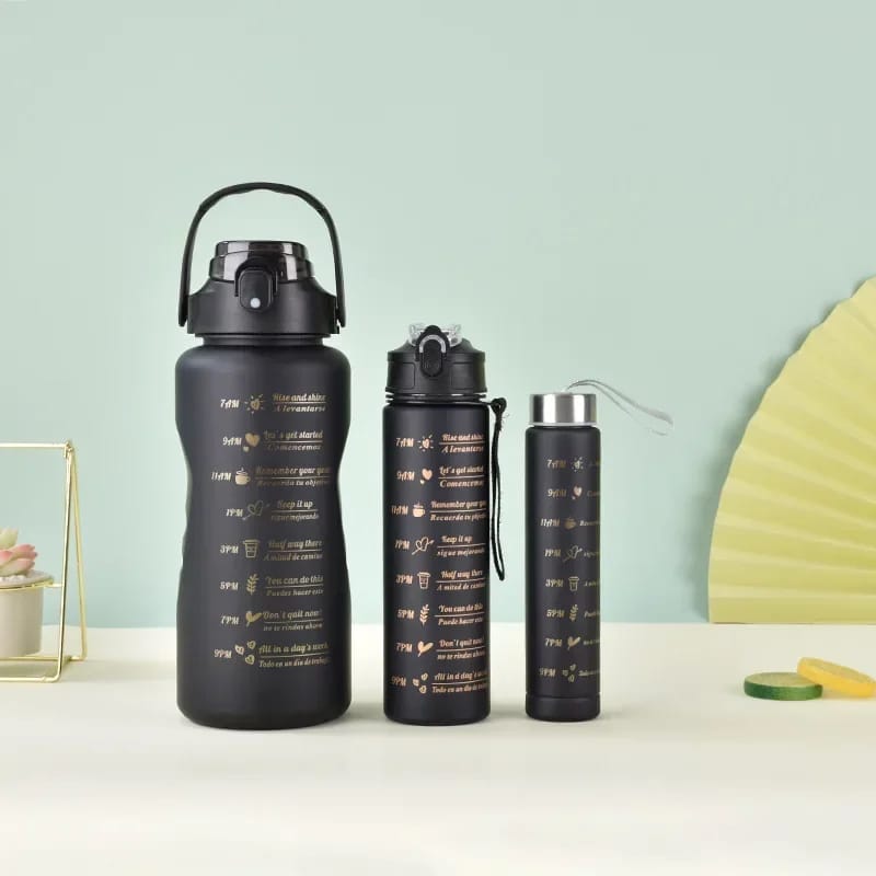 3PCS Water Bottle with Two Straws-5575Black Matte  Apricot   