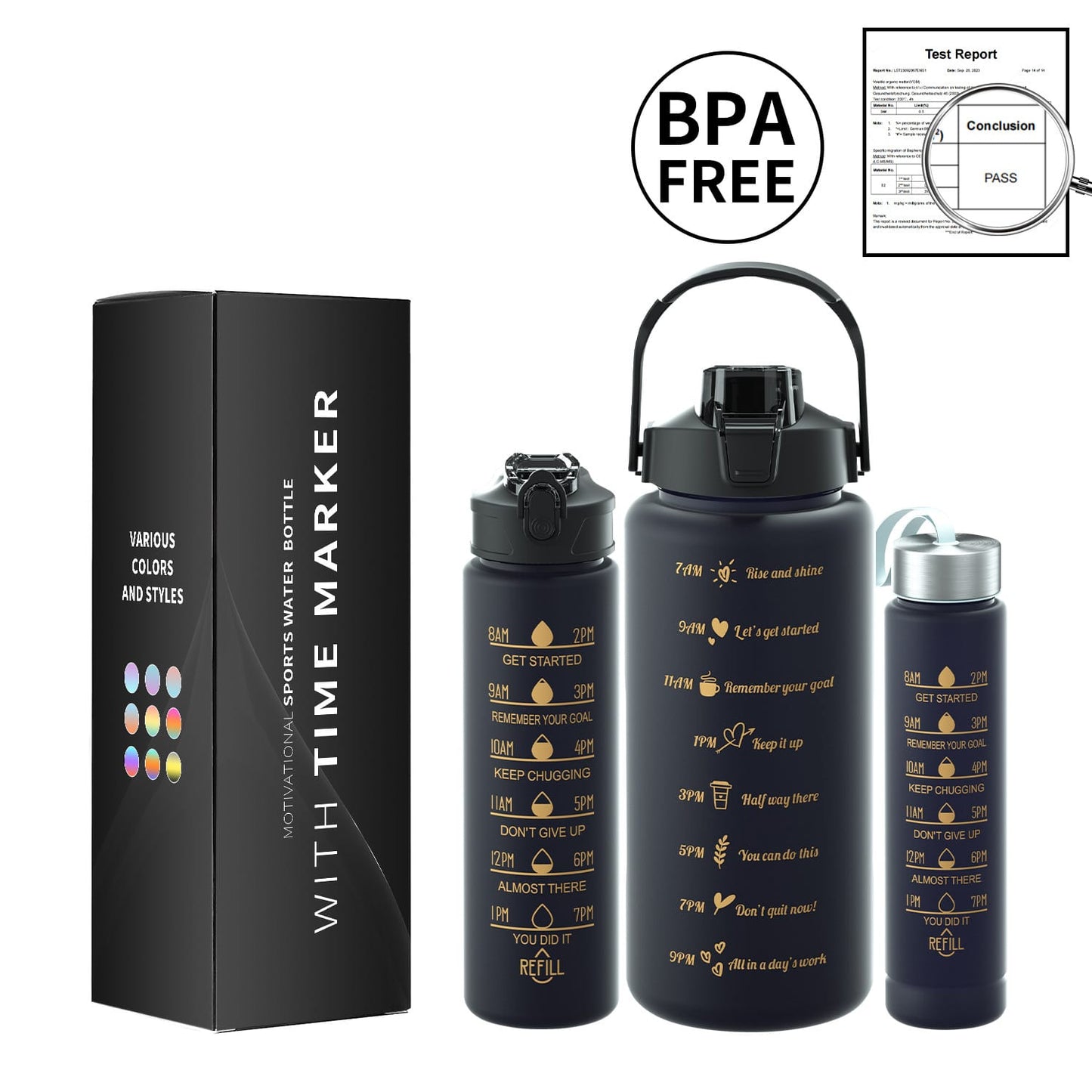 3PCS Water Bottle with Two Straws-5575Black Matte  Apricot   