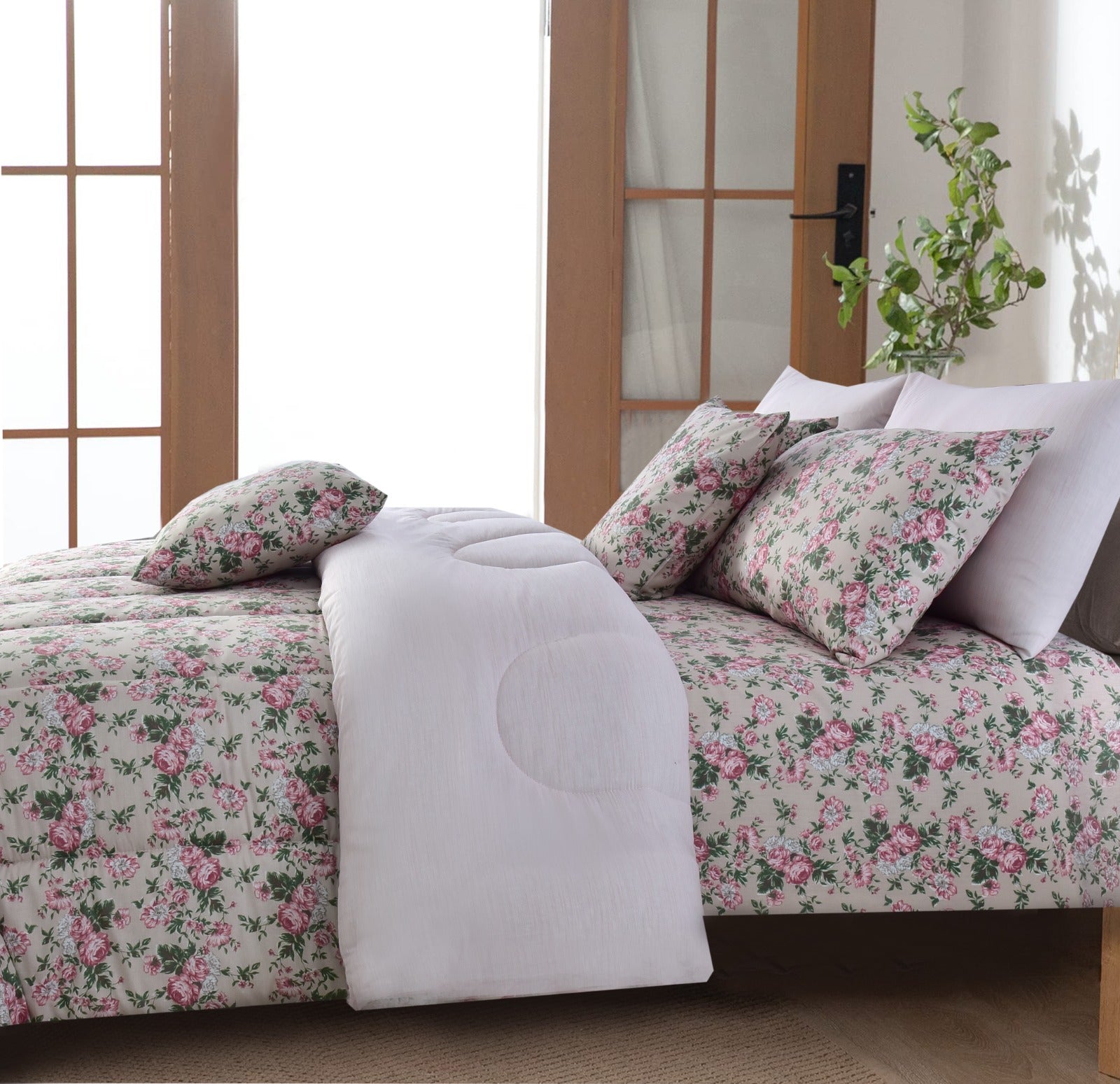 3PCs Duvet Cover- Pink Flowers Bed Sheets Apricot   