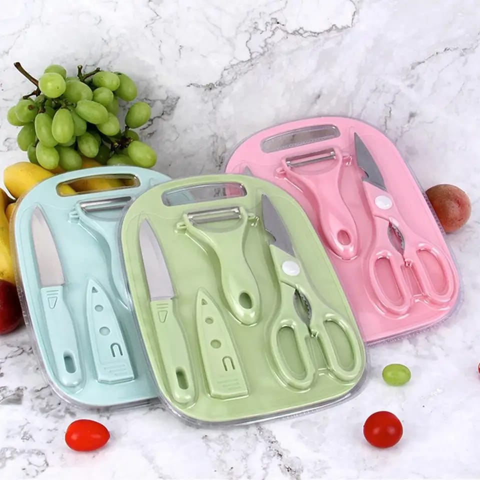 4 PCs Cutting Board With Knife Set(5299)-Pink  Apricot   