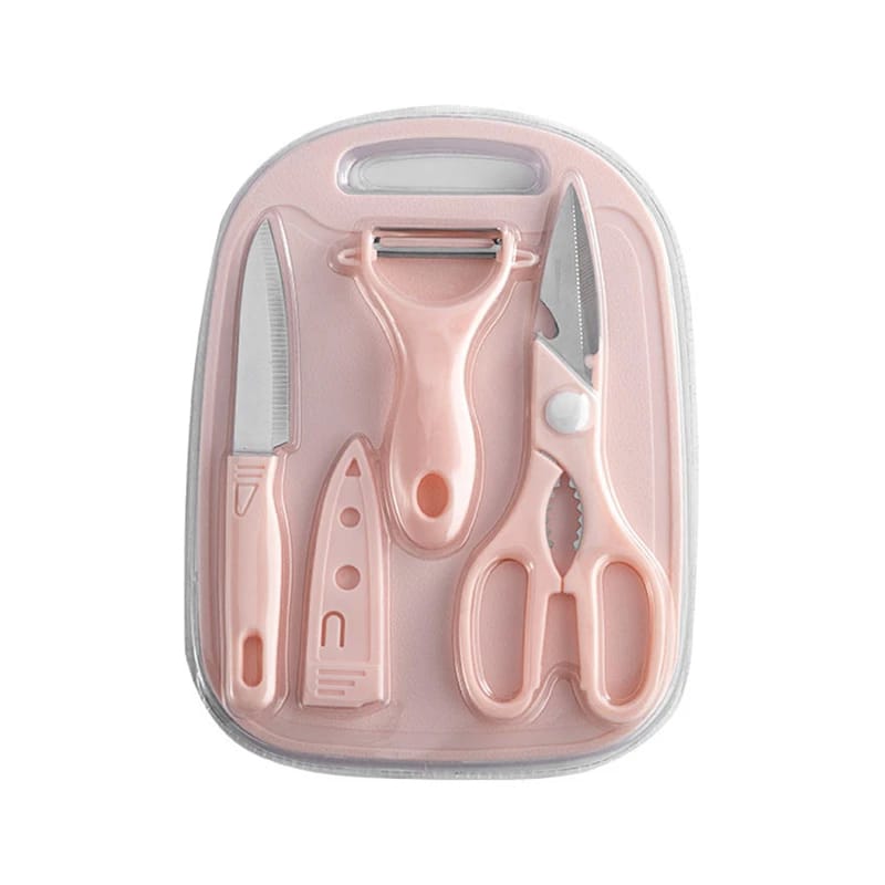 4 PCs Cutting Board With Knife Set(5299)-Pink  Apricot   