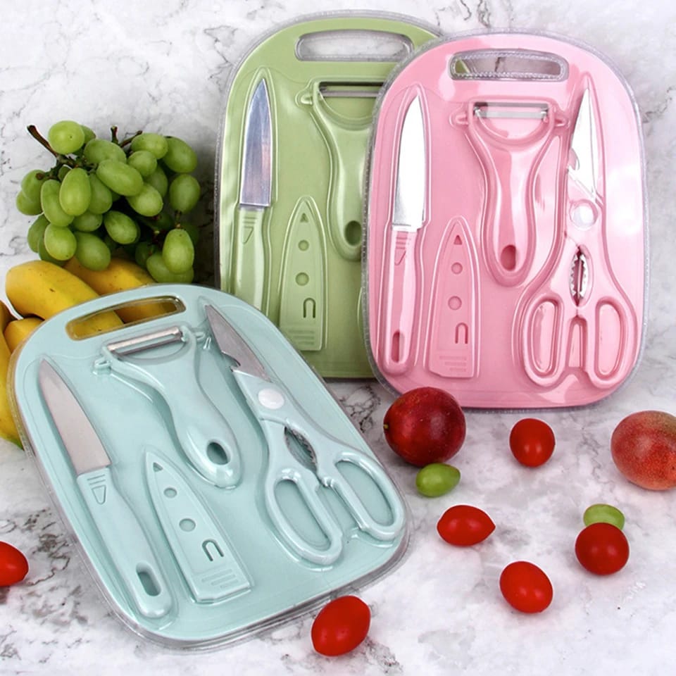 4 PCs Cutting Board With Knife Set(5299)-Pink  Apricot   