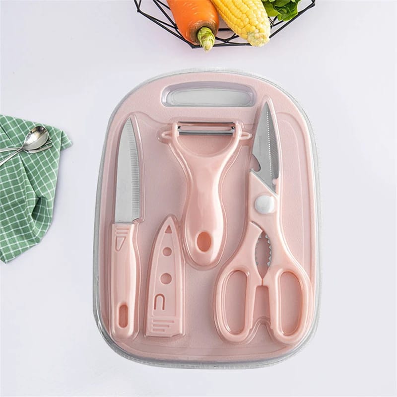 4 PCs Cutting Board With Knife Set(5299)-Pink  Apricot   