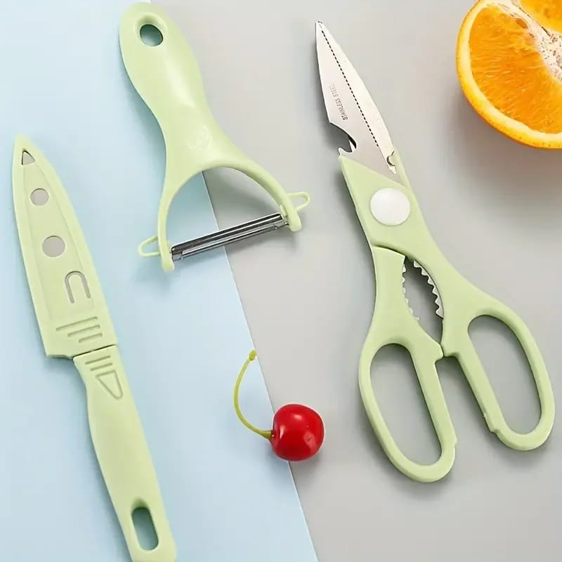 4 PCs Cutting Board With Knife Set(5717)-Green  Apricot   