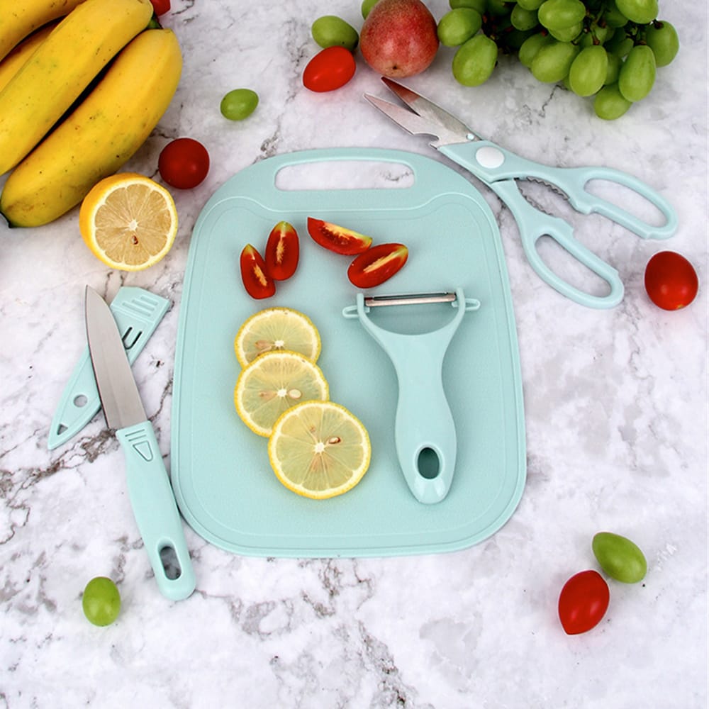 4 PCs Cutting Board With Knife Set(5717)-Green  Apricot   