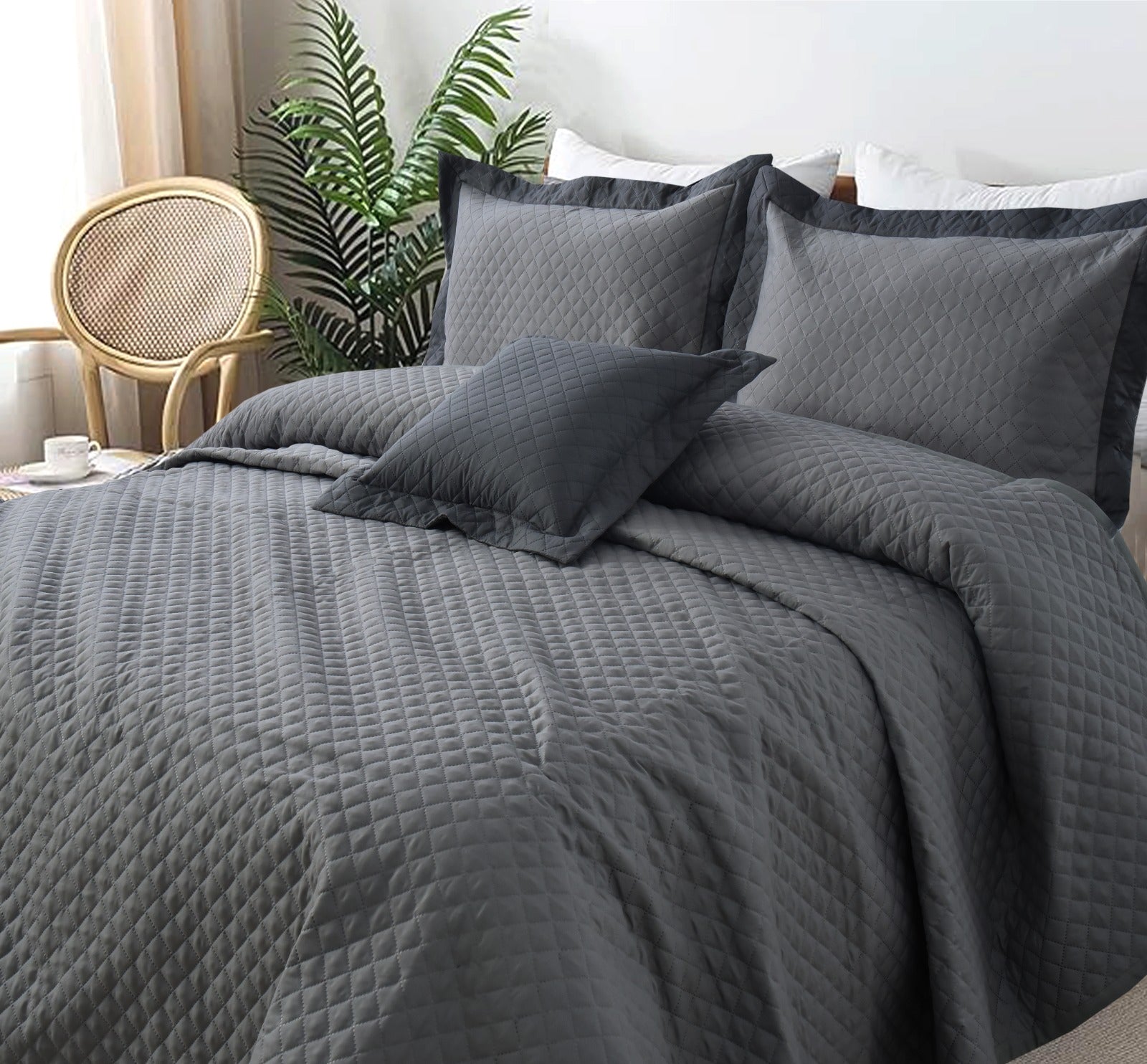 4 PCs Ultrasonic Quilted Luxury Bed Spread Set-Grey Apricot