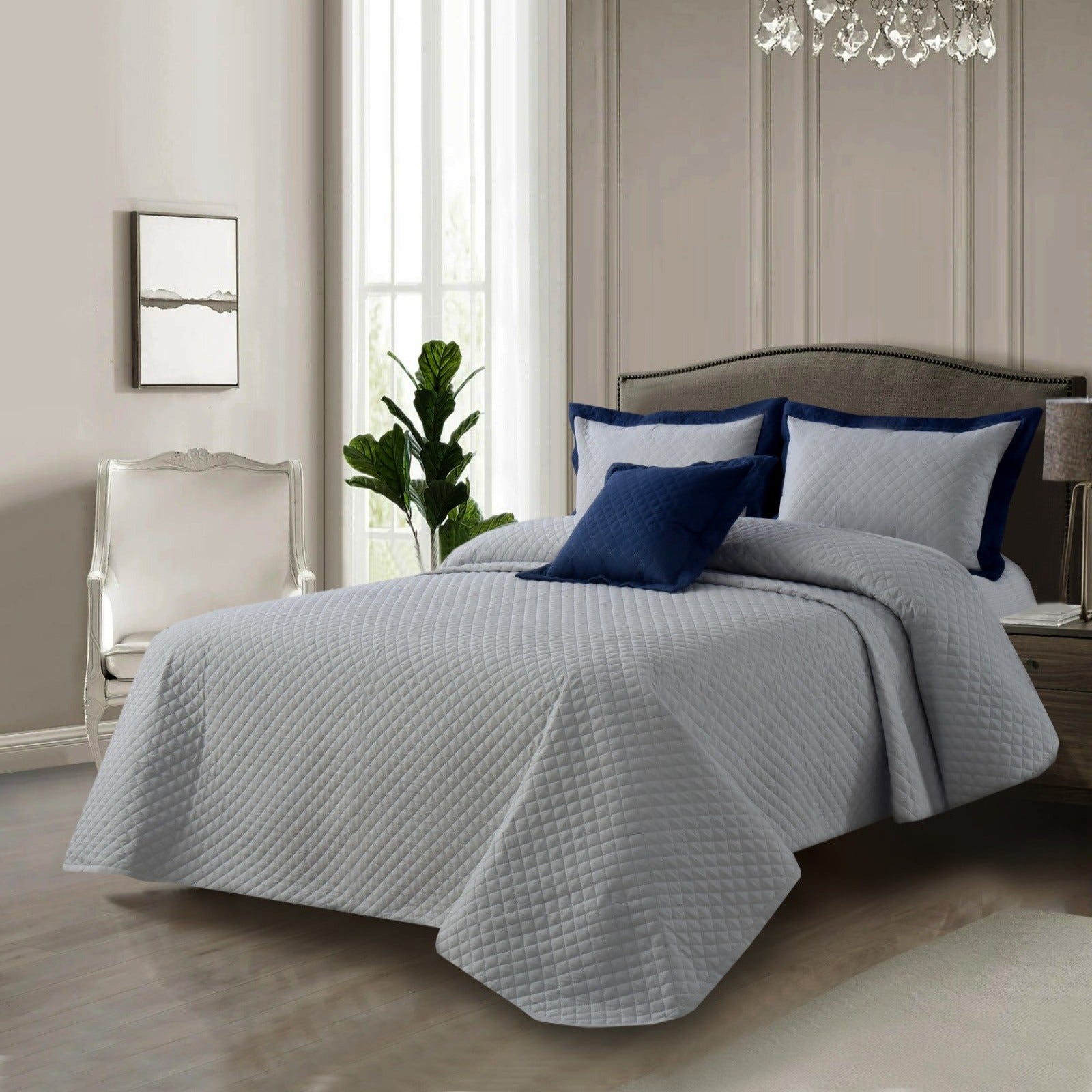 4 PCs Ultrasonic Quilted Luxury Bed Spread Set-Silver Over Blue Apricot