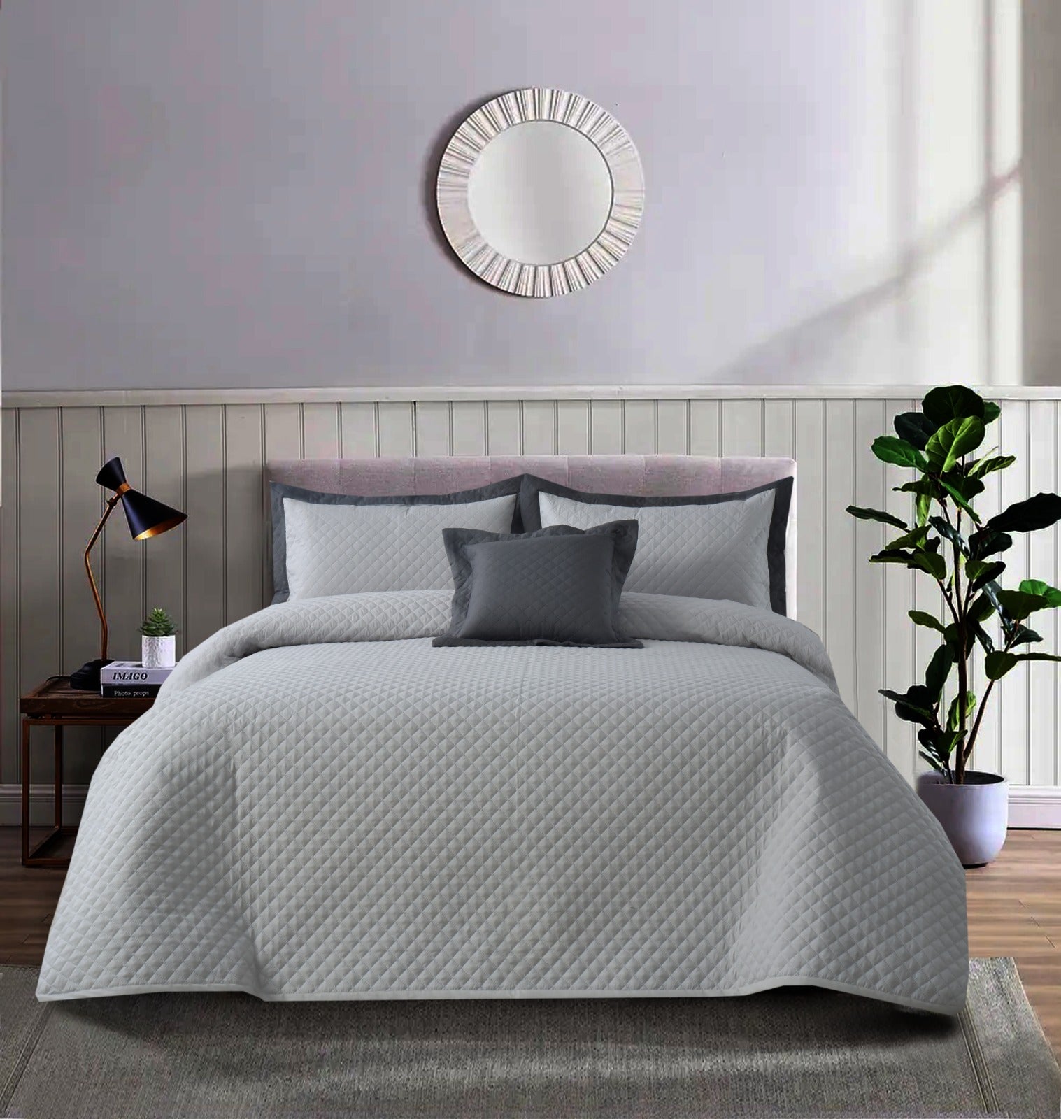 4 PCs Ultrasonic Quilted Luxury Bed Spread Set-Silver Over Grey Apricot