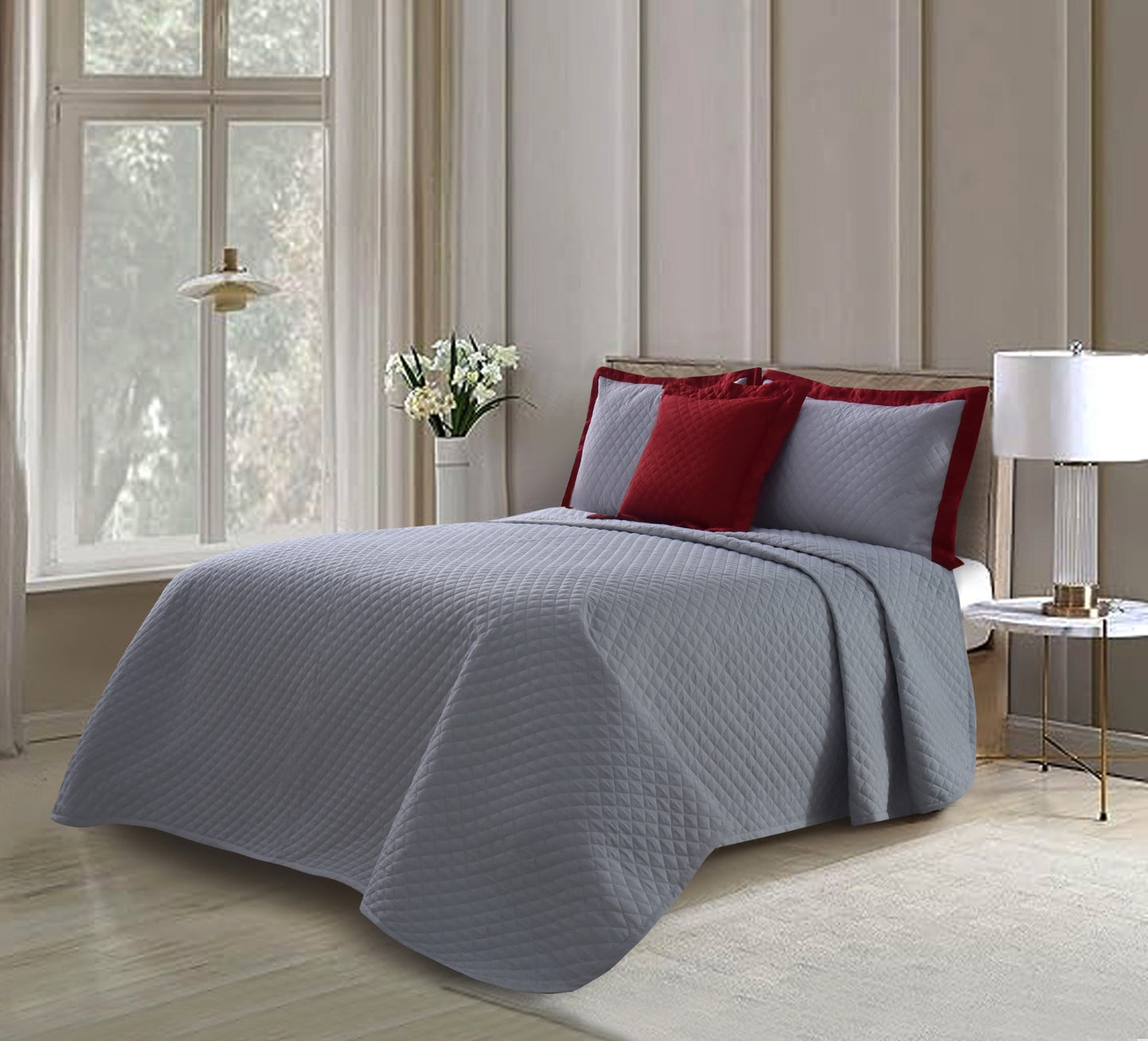 4 PCs Ultrasonic Quilted Luxury Bed Spread Set-Silver Over Maroon Apricot