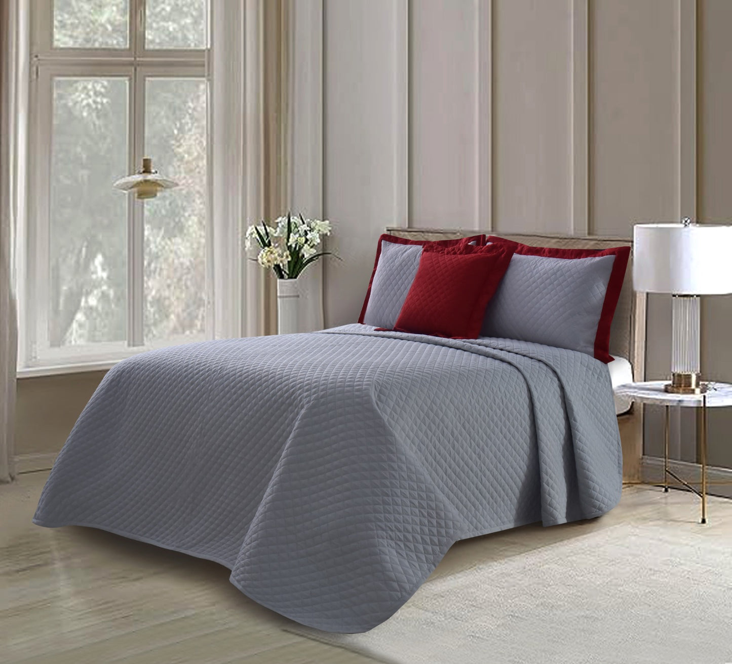 4 PCs Ultrasonic Quilted Luxury Bed Spread Set-Silver Over Maroon Bed Spread Apricot   