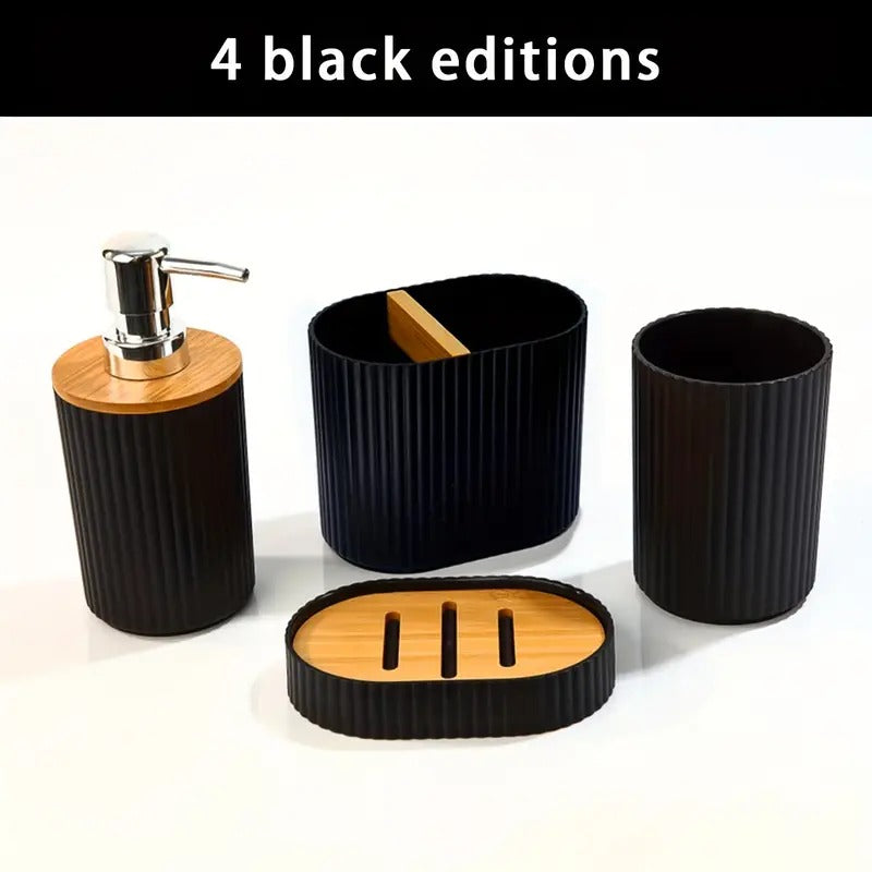 4 PCs Wooden Lid Bath Accessories Set-(2591)Black Lines Bathroom Accessory Sets Apricot   