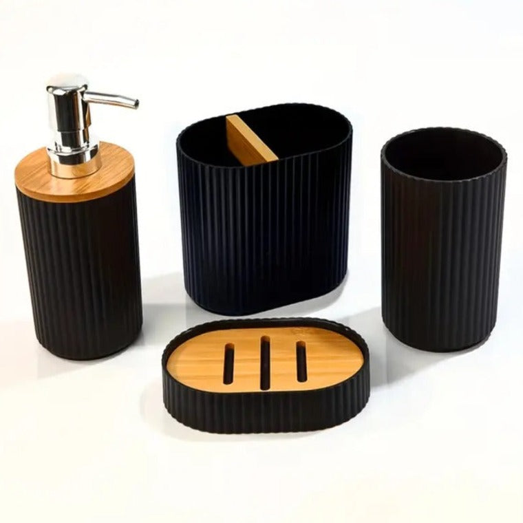 4 PCs Wooden Lid Bath Accessories Set-(2591)Black Lines Bathroom Accessory Sets Apricot   