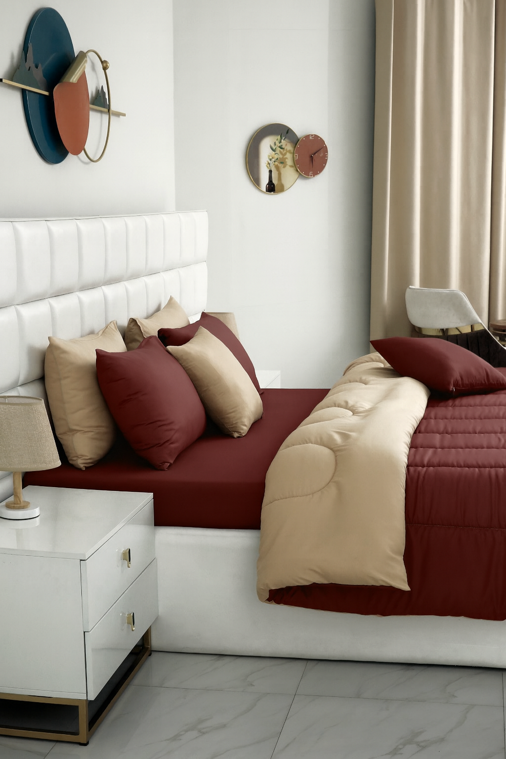 5 PCs Single Razai Set-Maroon Over Beige Comforters Apricot