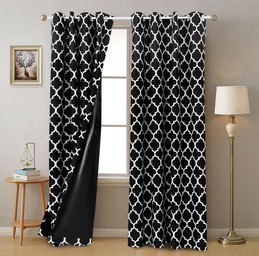 2 PCs Blackout Room Curtains-Black Geometric Curtains Apricot