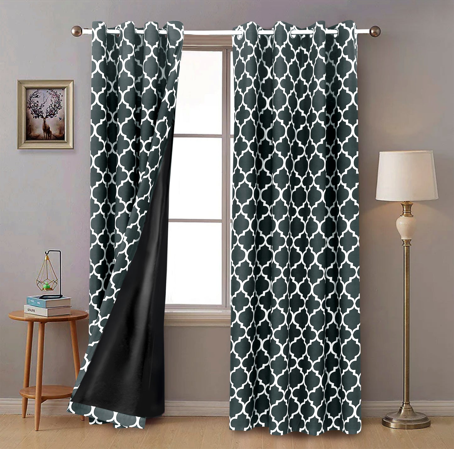 2 PCs Blackout Room Curtains-Grey Geometric Curtains Apricot