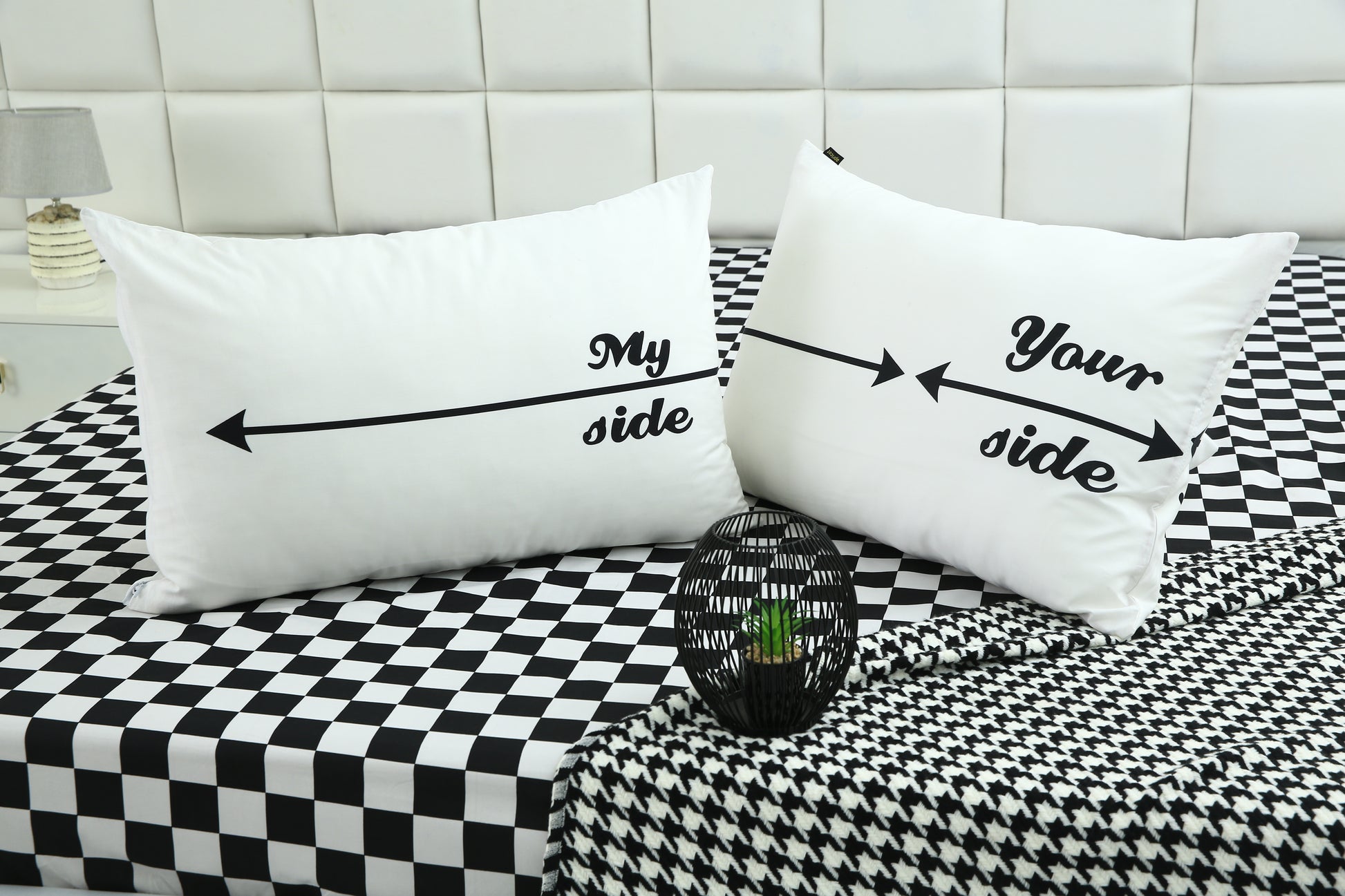 2 PCs Digital Printed Couple Pillow-My side/Yours Side cushions Apricot