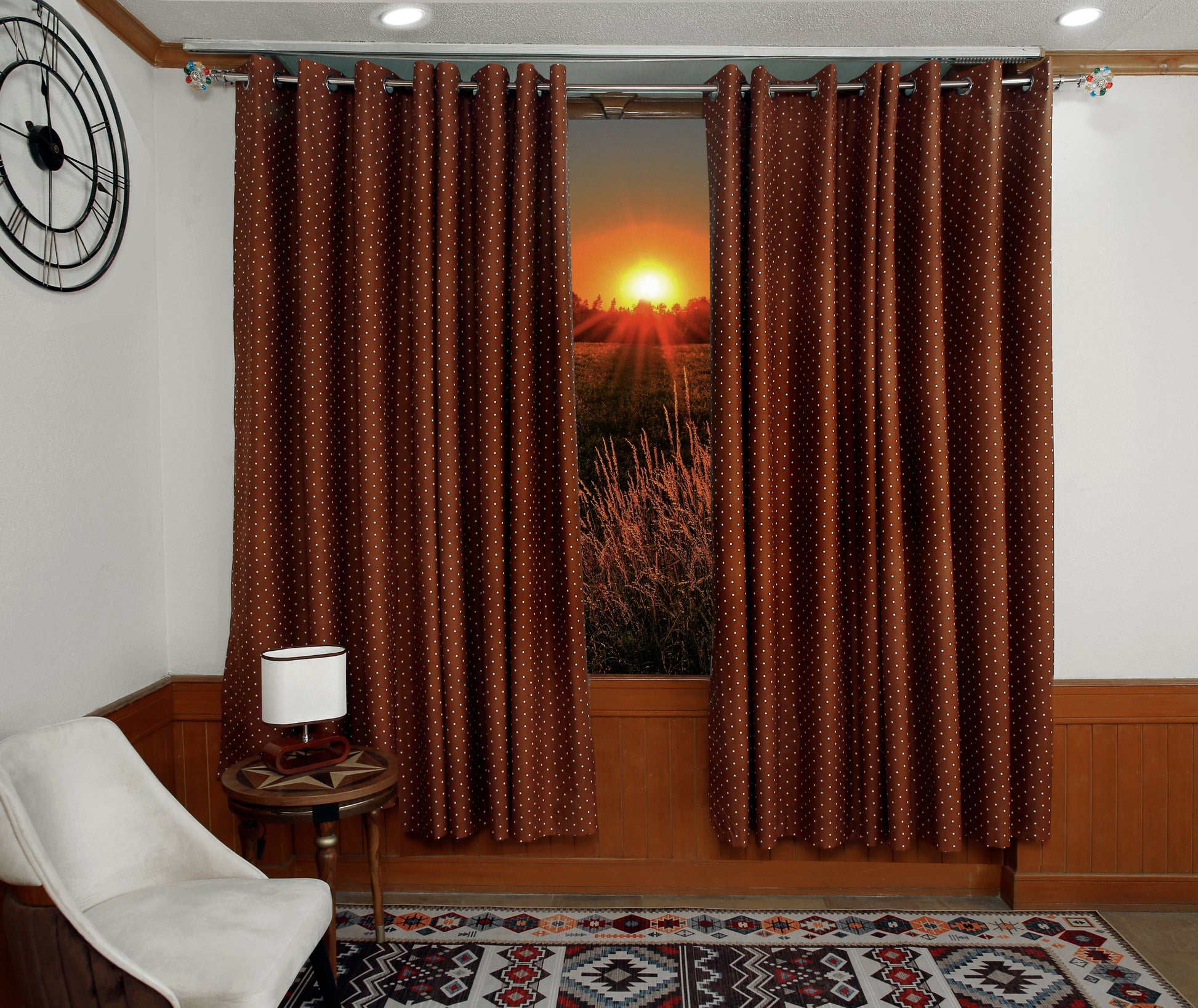 2 PCs Blackout Room Curtains-Brown Polka Curtains Apricot