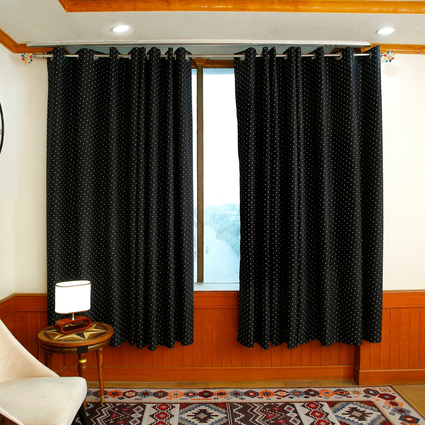 2 PCs Blackout Room Curtains-Black Polka Curtains Apricot
