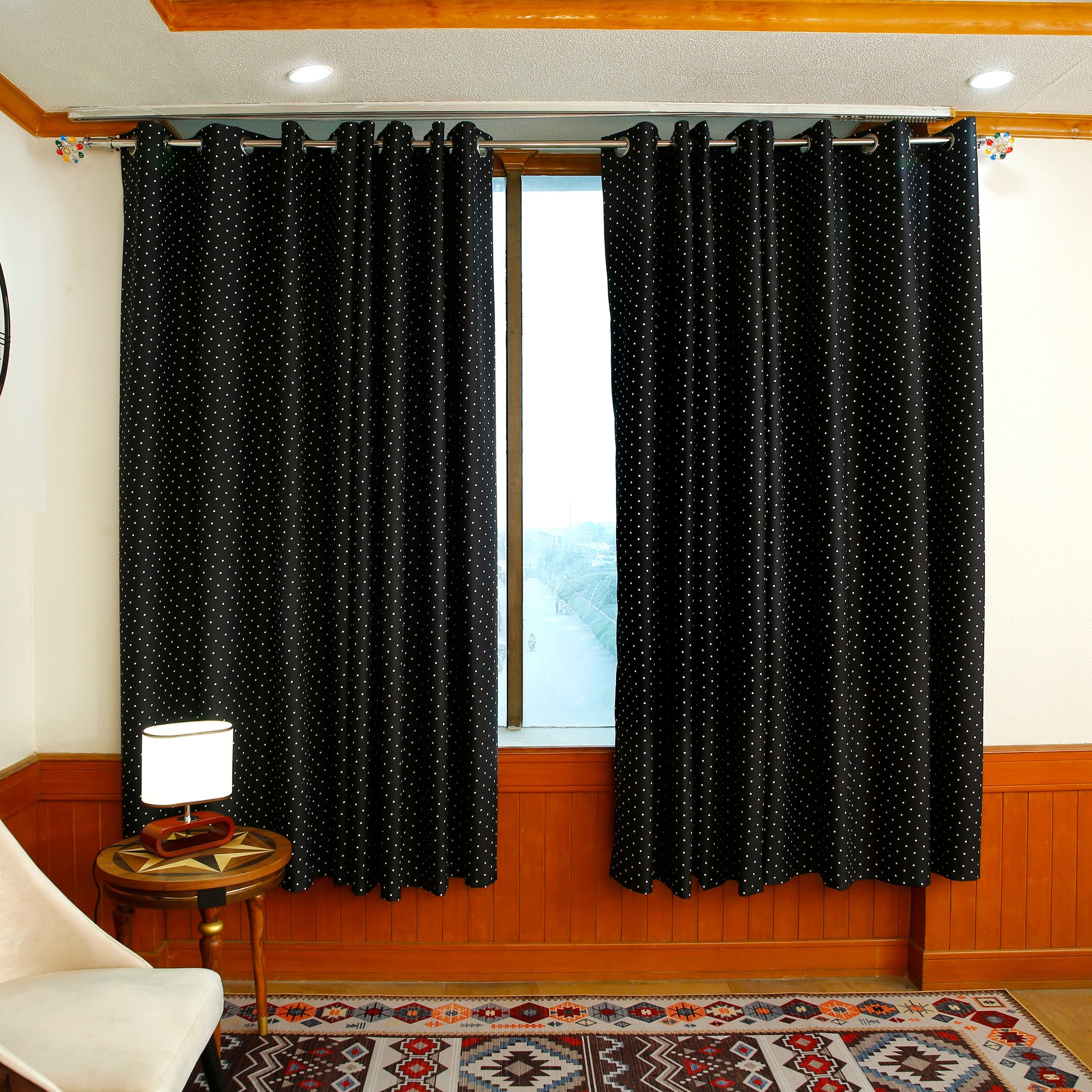 2 PCs Blackout Room Curtains-Black Polka Curtains Apricot