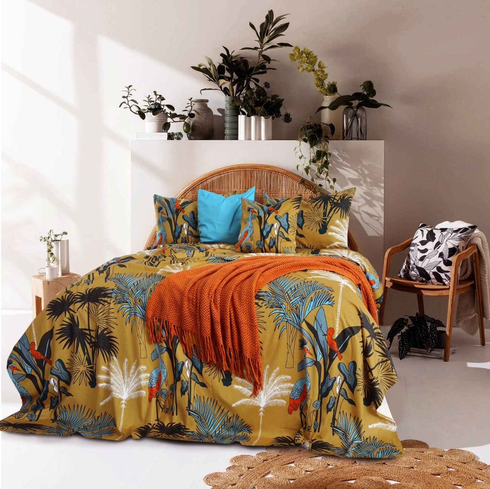 3 PCs Digital Printed Bed Sheet-Lagoon Villas Bed Sheets Apricot   