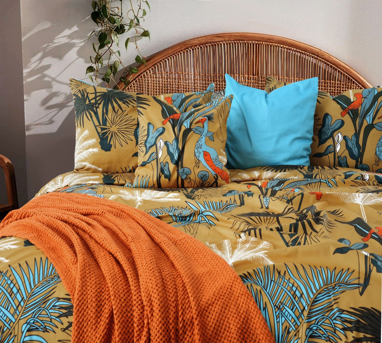 3 PCs Digital Printed Bed Sheet-Lagoon Villas Bed Sheets Apricot   