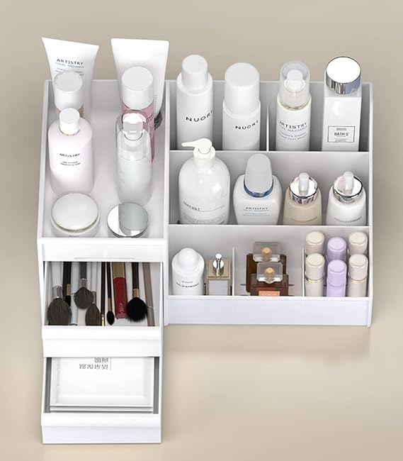 Makeup Organizer with Drawers-White Cosmetic Organizer Apricot