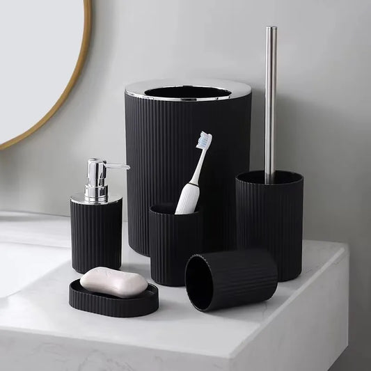 6 PCs Bath Accessory Set- (1946)Black Lines With Silver Lid Bathroom Accessory Sets Apricot   