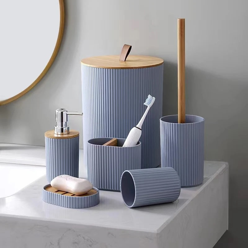 6 PCs Bath Accessory Set-(5340) Grey With Wooden Closed Lid Bathroom Accessory Sets Apricot   