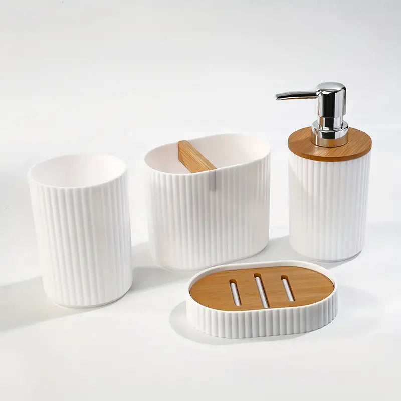 6 PCs Bath Accessory Set-(5340) White With Wooden Closed Lid Bathroom Accessory Sets Apricot   