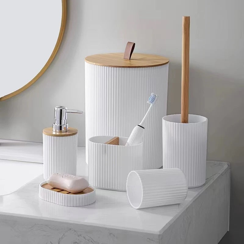 6 PCs Bath Accessory Set-(5340) White With Wooden Closed Lid Bathroom Accessory Sets Apricot   