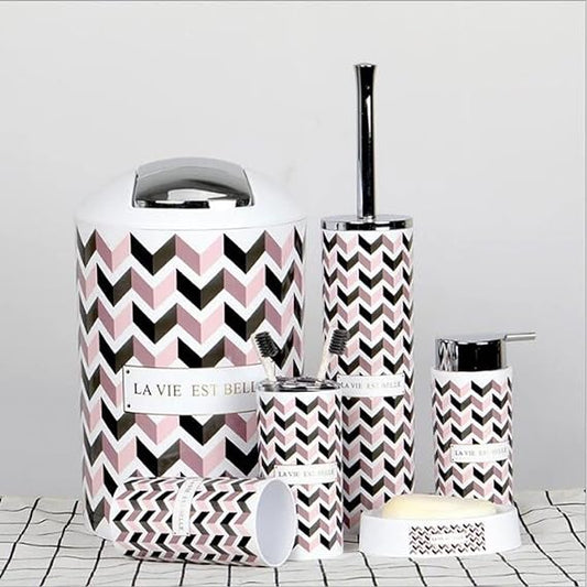 6 PCs Bath Accessory Set-ZigZag White With Lid Bathroom Accessory Sets Apricot   