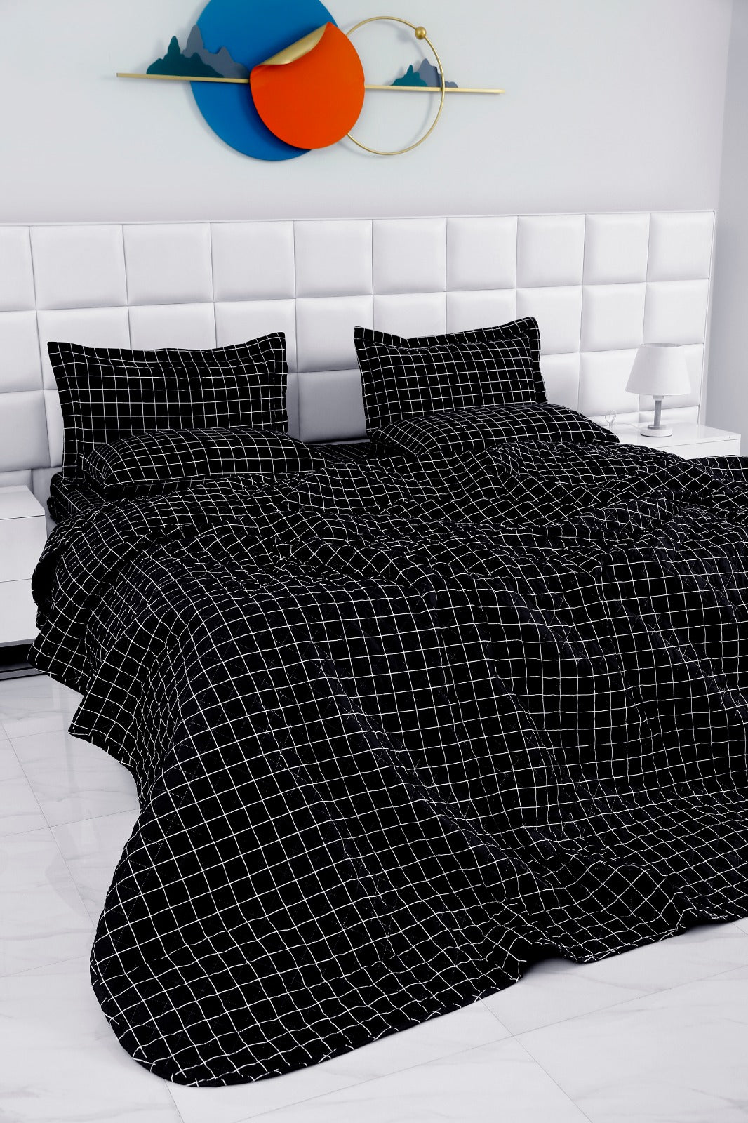 6 PCs Bed Spread Set-Black Check Bed Spread Apricot   