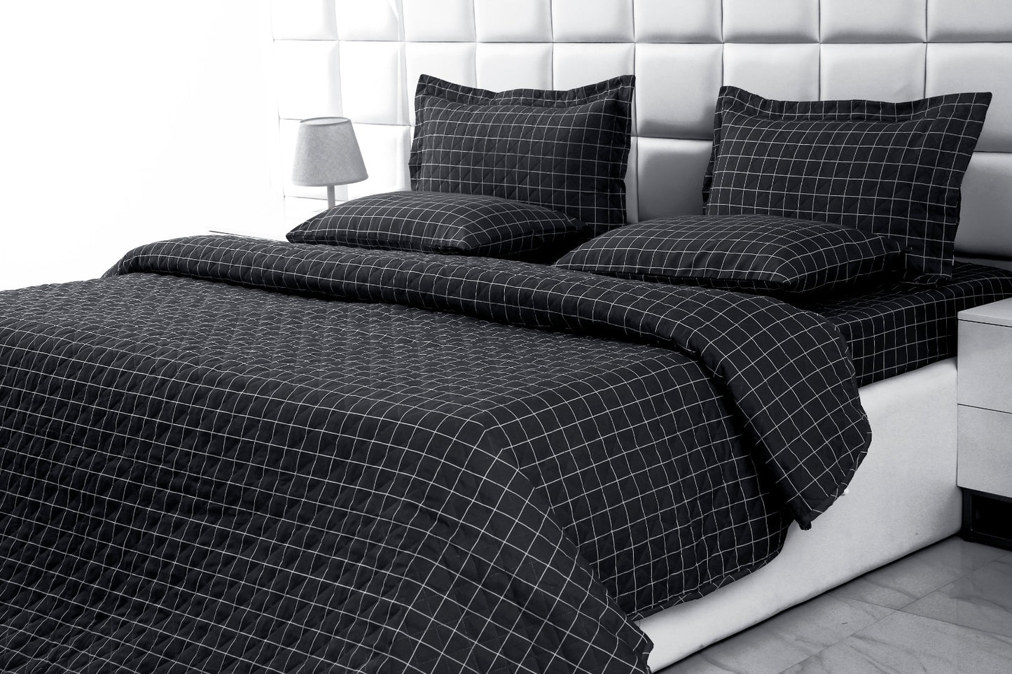 6 PCs Bed Spread Set-Black Check Bed Spread Apricot   