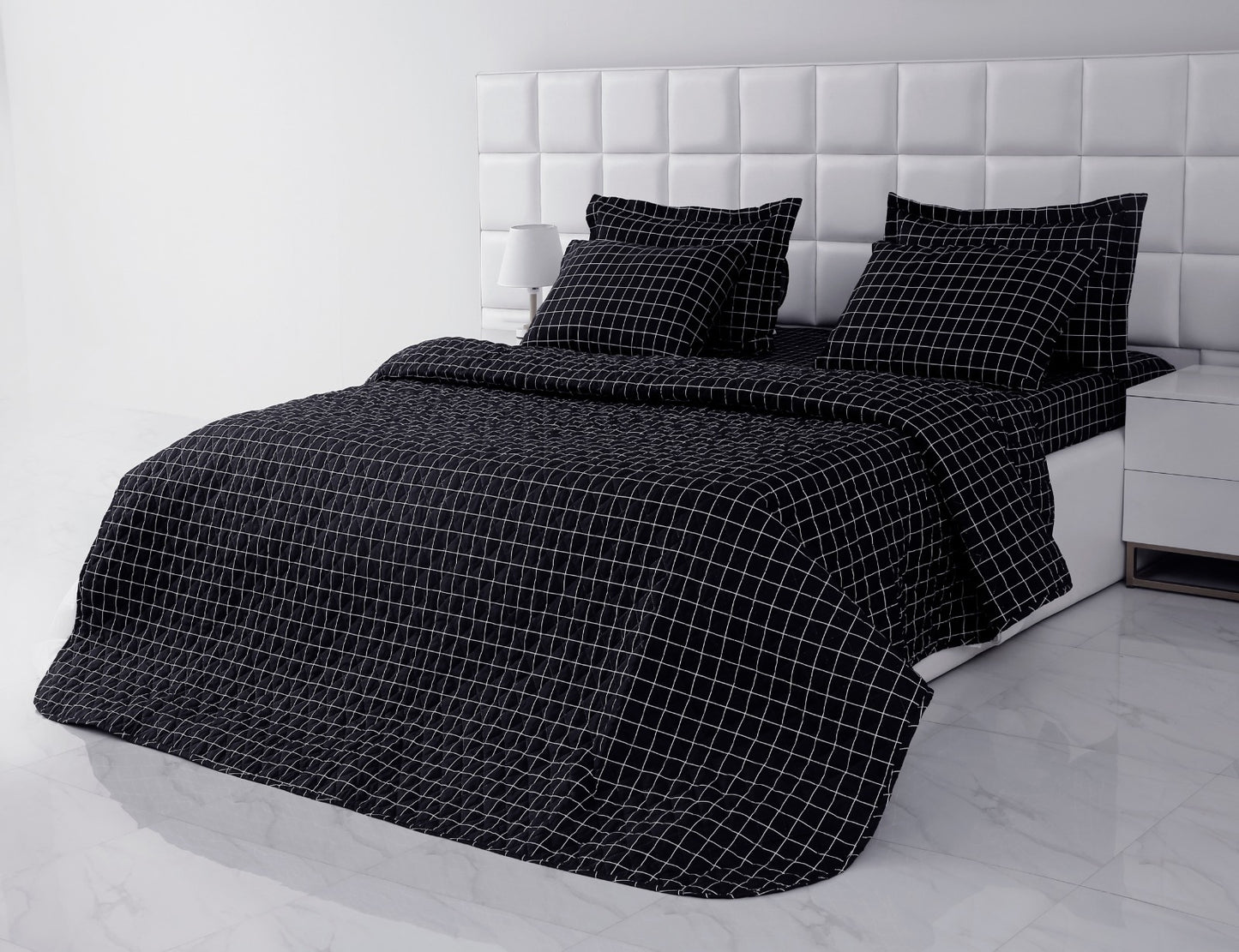 6 PCs Bed Spread Set-Black Check Bed Spread Apricot   