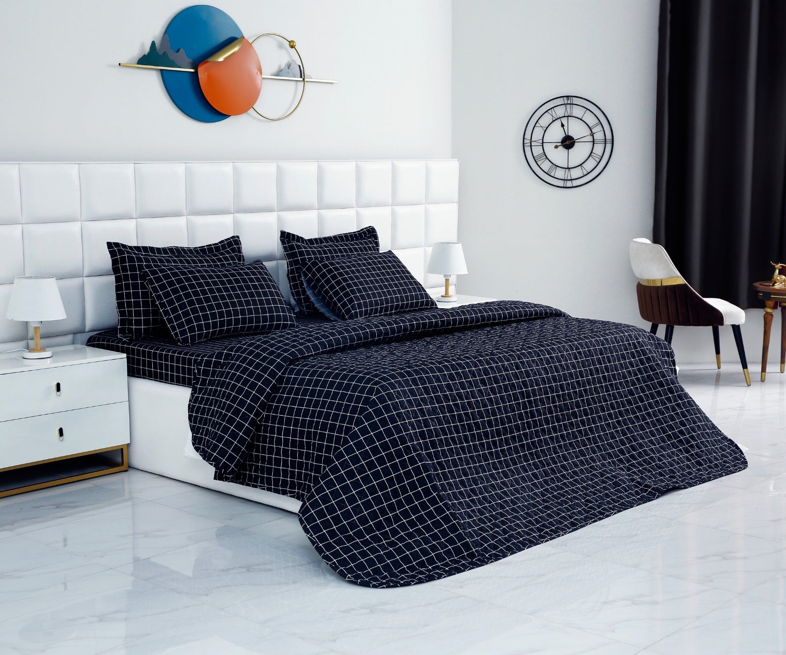 6 PCs Bed Spread Set-Black Check Bed Spread Apricot   