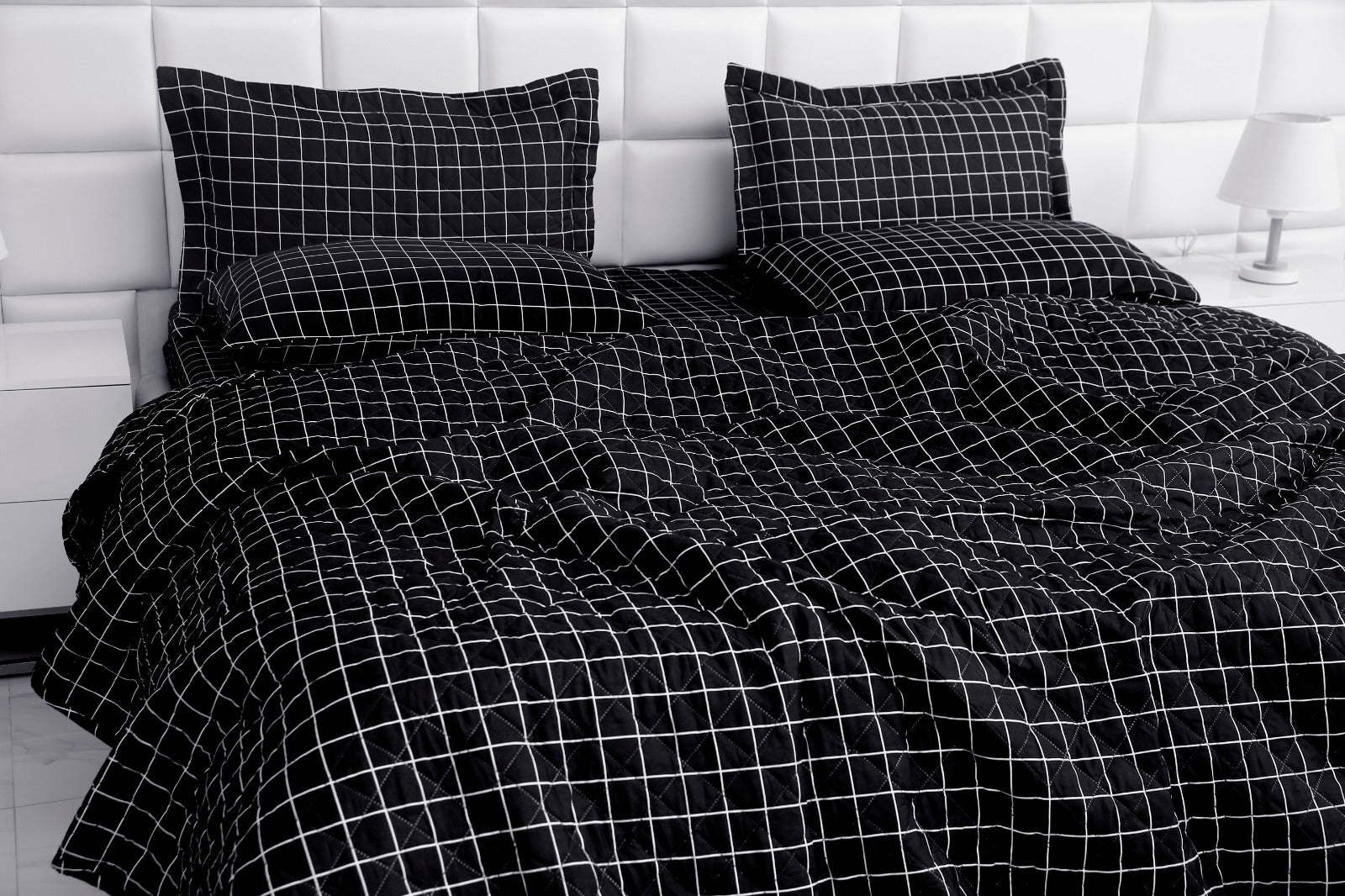 6 PCs Bed Spread Set-Black Check Bed Spread Apricot   