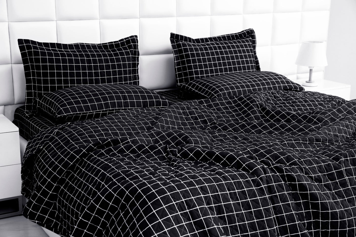 6 PCs Bed Spread Set-Black Check Bed Spread Apricot   